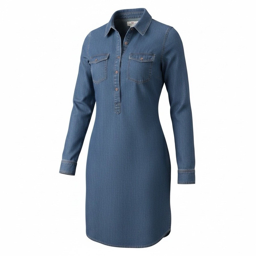 Vineyard Vines Denim Button Down Shirt Dress Womens 10 Blue Long Roll Tab Sleeve